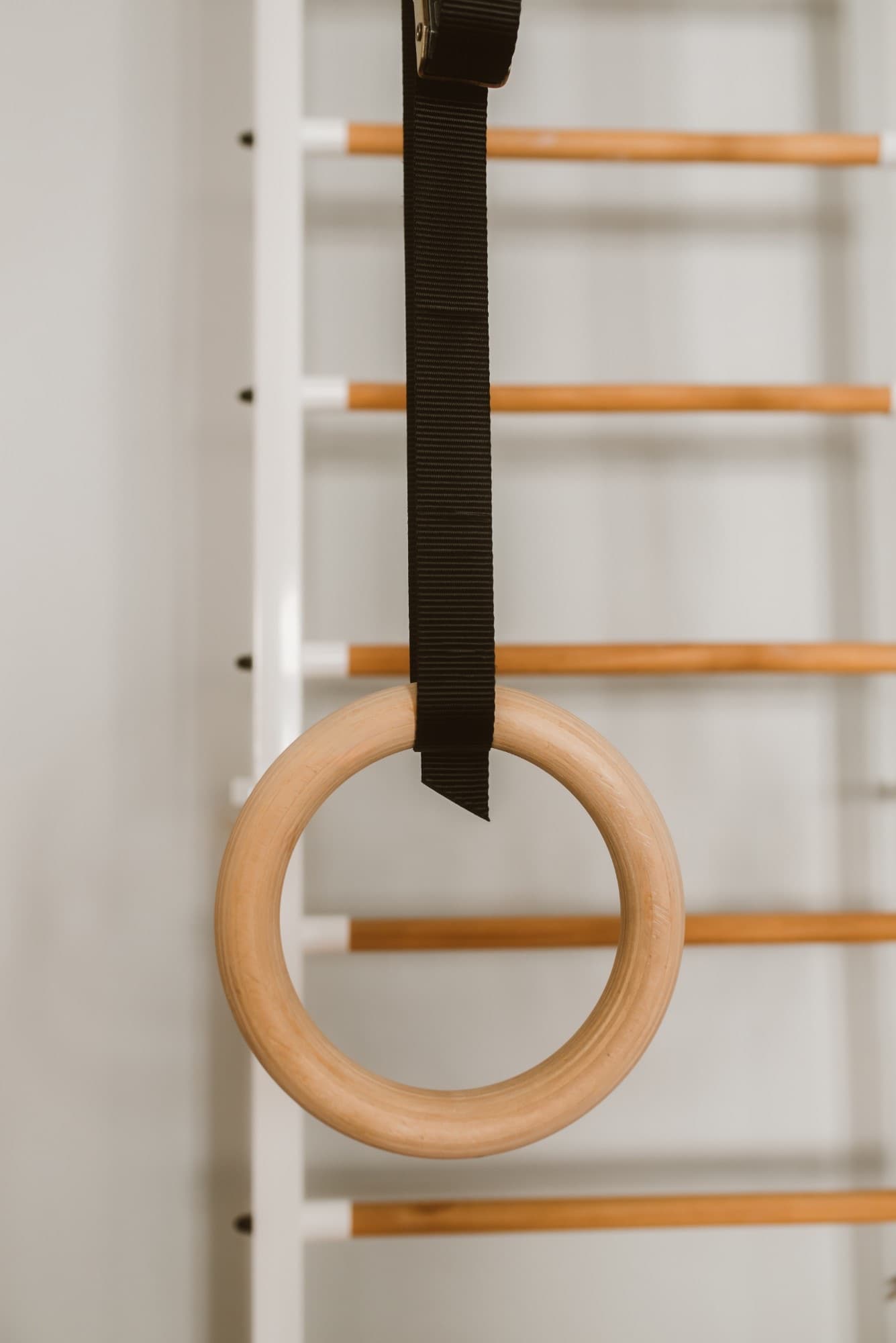 A wooden gymnastic ring on the wall bars
